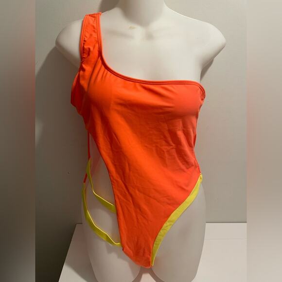 SHEIN Brand NEW Neon Orange & Yellow One Shoulder Cut Out One Piece Swimsuit - Picture 1 of 6